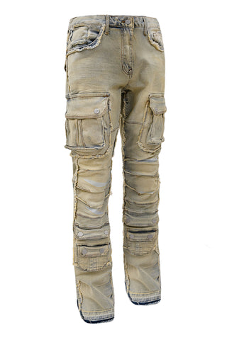 Men's Stone Washed Distressed Cargo Stacked Flared Jeans