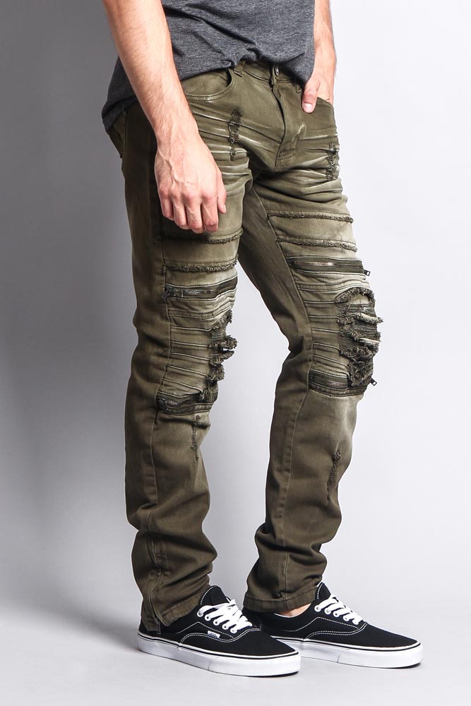 Faded Zipper Cut Distressed Knee Biker Denim Jeans – G-Style USA