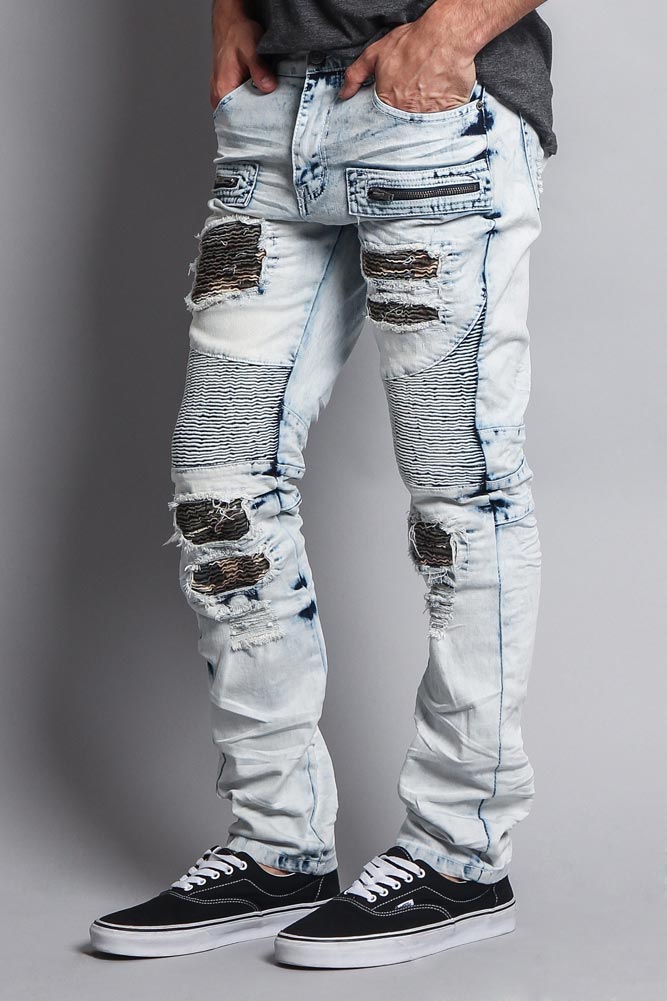 Stain Washed Contrast Patching Twill Biker Jeans – G-Style USA