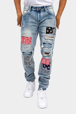 Distressed Denim Jeans with Bandana Paisley Patches