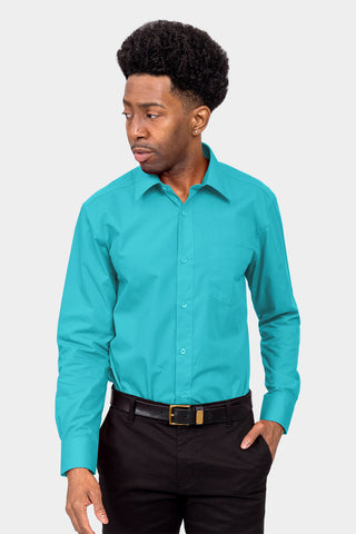 Men s Basic Solid Color Button Up Dress Shirt Turquoise G