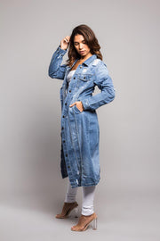 Super Long Distressed Denim Jean Jacket