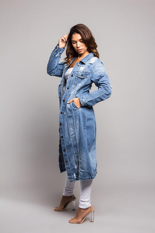 Super Long Distressed Denim Jean Jacket