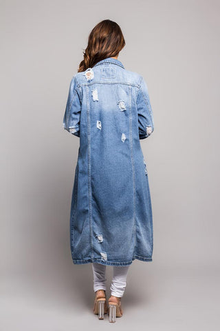 Super Long Distressed Denim Jean Jacket