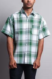 Western Casual Plaid Short Sleeve Button Up Shirt (White/Green)