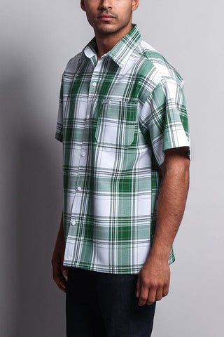 Western Casual Plaid Short Sleeve Button Up Shirt (White/Green)