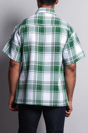 Western Casual Plaid Short Sleeve Button Up Shirt (White/Green)