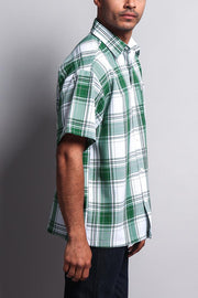 Western Casual Plaid Short Sleeve Button Up Shirt (White/Green)