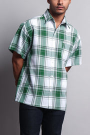 Western Casual Plaid Short Sleeve Button Up Shirt (White/Green)